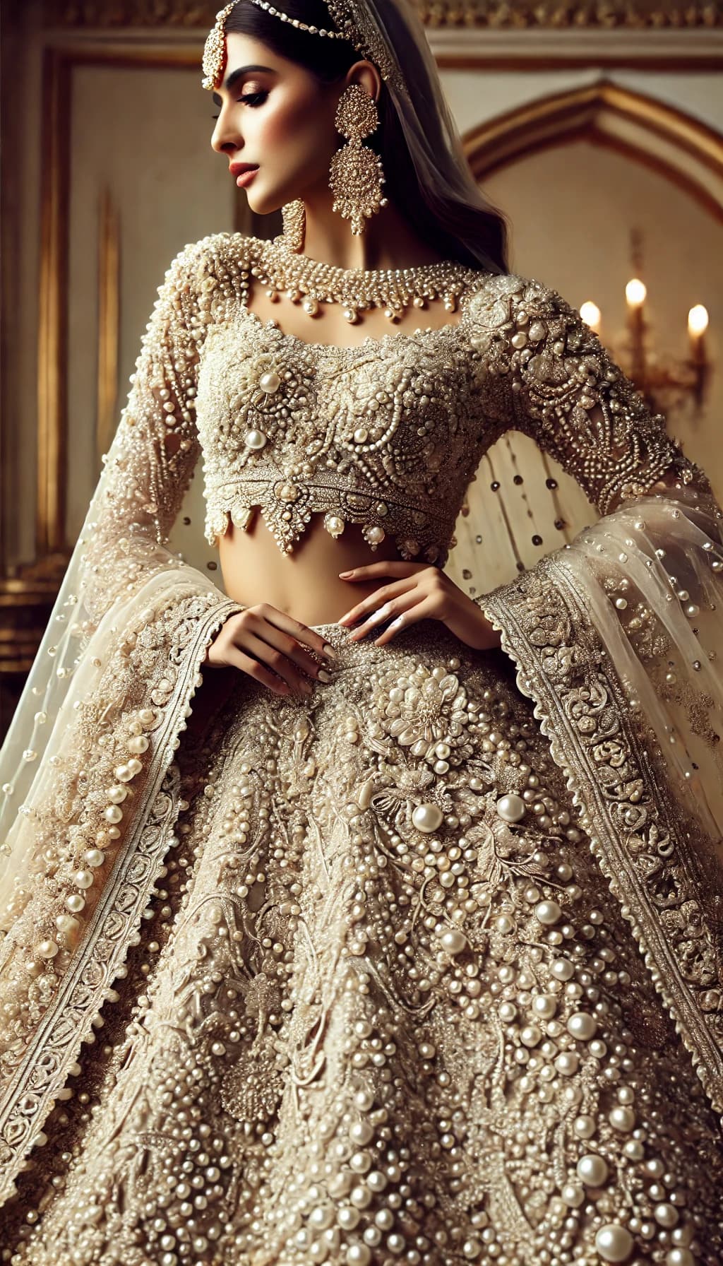 Pearl Adorned Bridal Lehenga - White - White