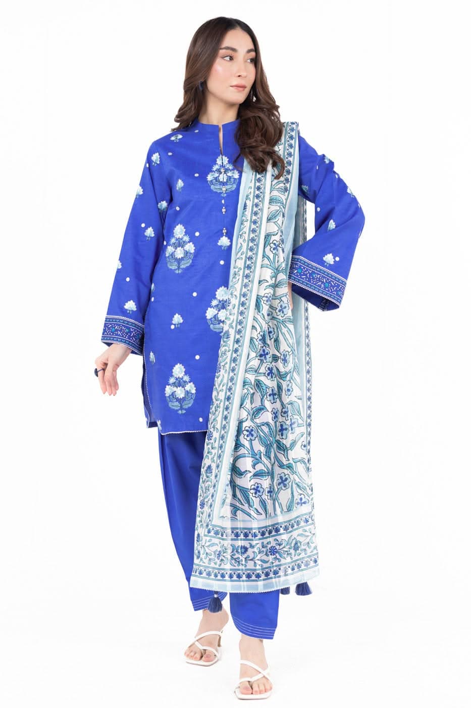 3 Piece Embroidered Printed Lawn Suit With Printed Zari Chiffon Dupatta - Blue - Blue